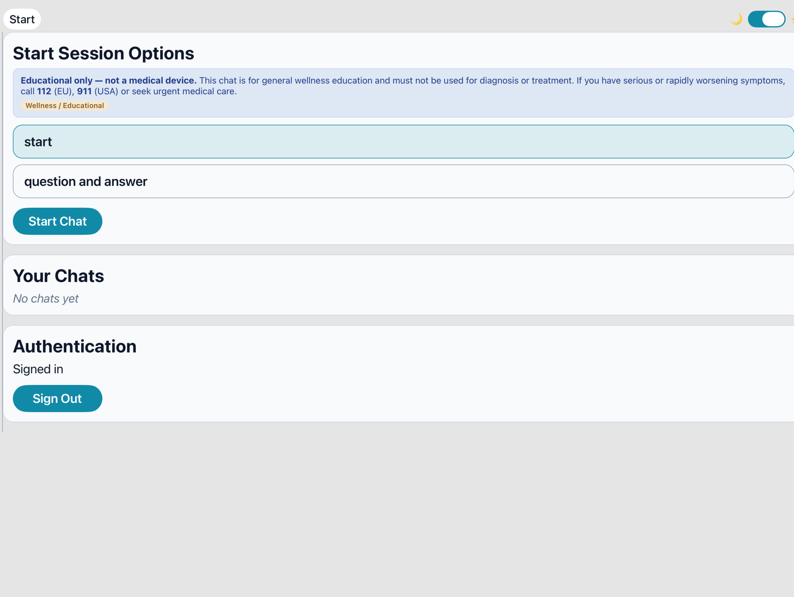 iPad start session options screen in light mode