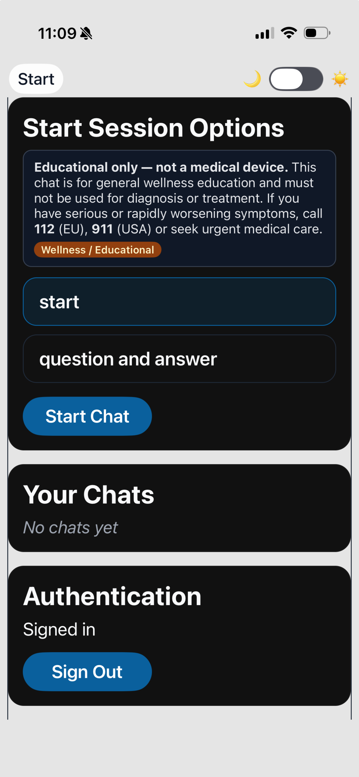 heartcheckapp mobile start screen in dark mode